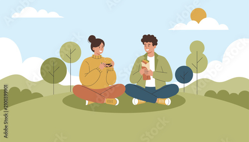 Happy young couple sitting on the grass in a sunny park while eating sandwiches during a peaceful outdoor picnic in nature together.