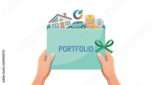 Hands holding financial portfolio with house, car, coins, and graph