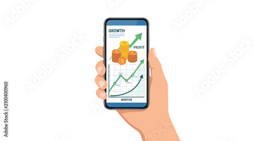 Mobile Phone Displaying Financial Growth Chart and Coins, Symbolizing Investment Success