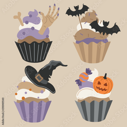 Hand-drawn Halloween spooky cupcakes with zombie hand, witch hat, bats and Jack-o-lantern pumpkin face decor for seasonal party