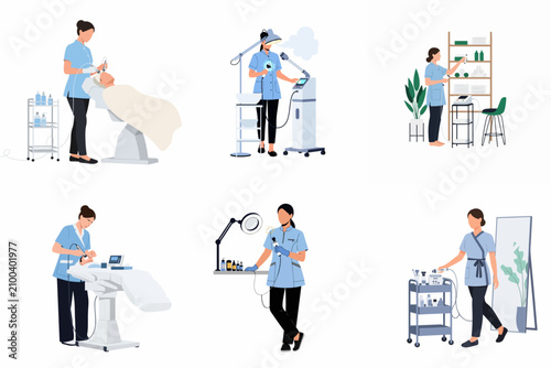 Set of Professional Cosmetologists Performing Various Skin Care and Beauty Treatments with Specialized Equipment in a Flat Vector Illustration Style
