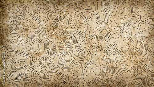 Vintage topographic map background with contour lines on old grunge parchment paper texture