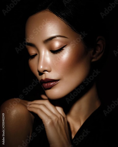 Portrait of elegant Asian woman with dramatic lighting and bold makeup. High fashion beauty shot featuring radiant skin and dark lipstick in shadows