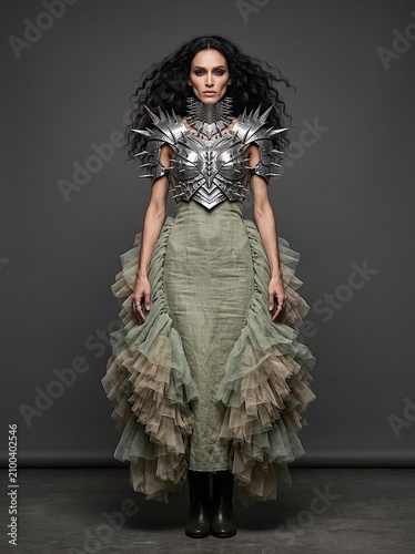 Stoic Female Warrior Portrait Wearing Spiked Metal Shoulder Armor Over Ethereal Green Dress