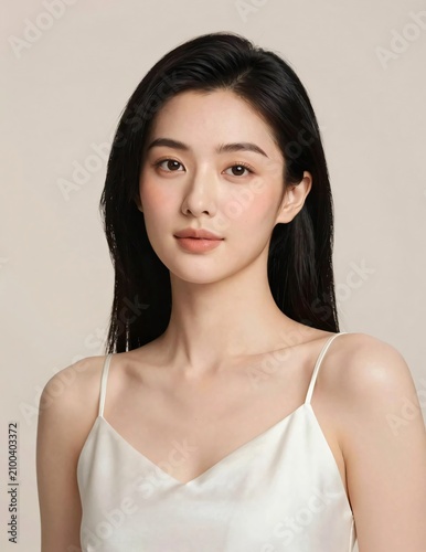 Portrait of a beautiful young Asian woman with natural makeup and long black hair posing elegantly against a soft neutral studio background