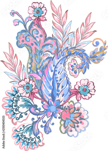 Watercolor Illustration pastel outline paisley damask eastern motif  folk henna tattoo  element
