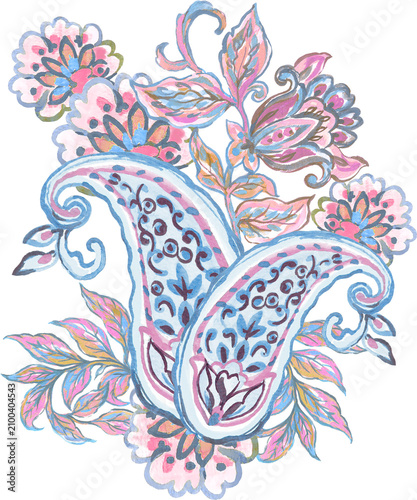 Watercolor Illustration pastel outline paisley damask eastern motif  folk henna tattoo  element