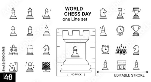 Photos World Chess Day One Line Icon Set: Chess Pieces, Board, Clock, Trophy, Candle