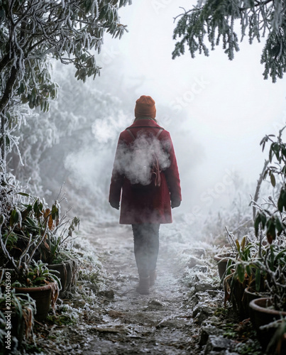 Winter forest hiker mist red coat snowy path walking alone cold fog