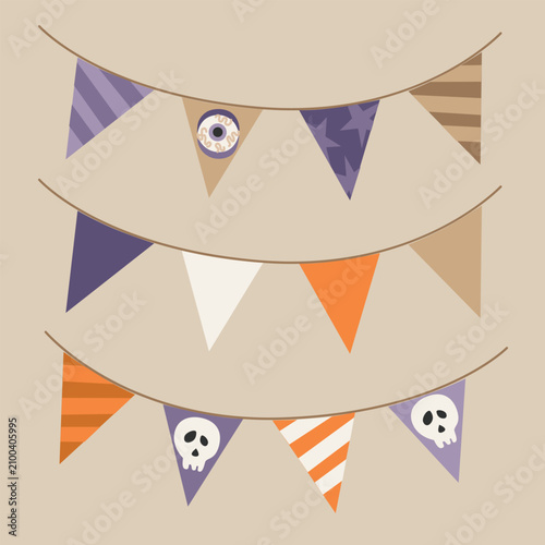 Hand-drawn Halloween garland set with bunting flags, skull and eyeball for seasonal decor, party, packaging