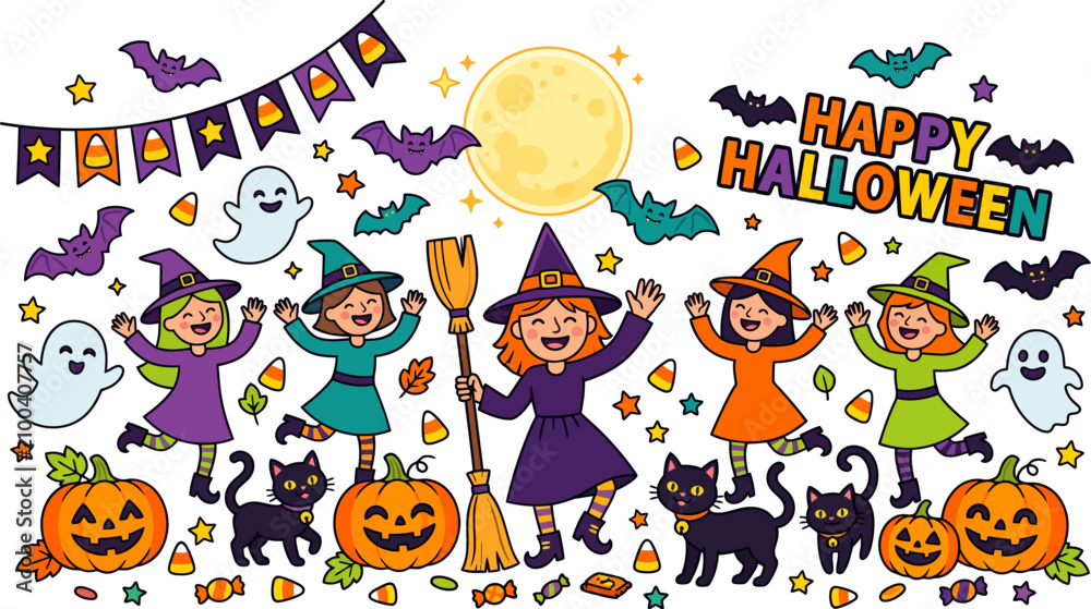 Fototapeta premium Festive halloween illustration with children witches and spooky decorations