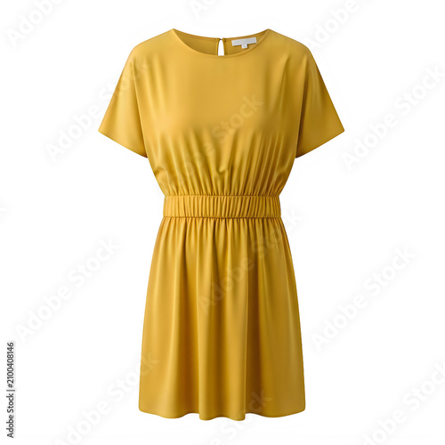 Yellow tie-front dress with belted waist on model