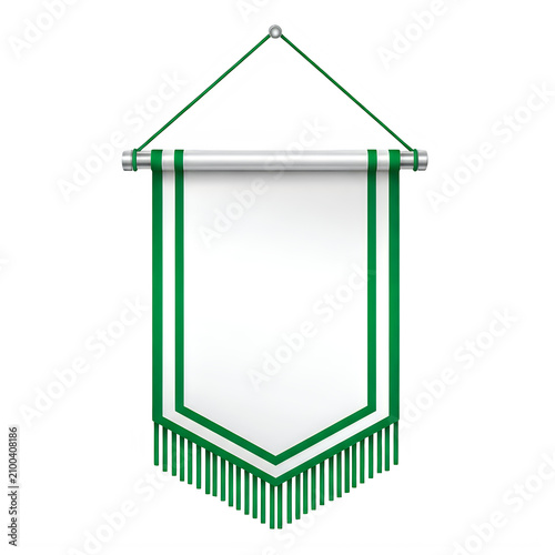 Green and white triangular pennant flag with fringe hanging