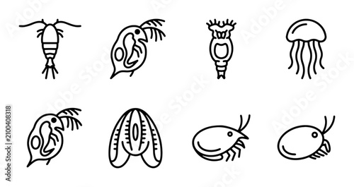 Quadro su tela Plankton and zooplankton line icon set, 8 aquatic microorganism vector elements,