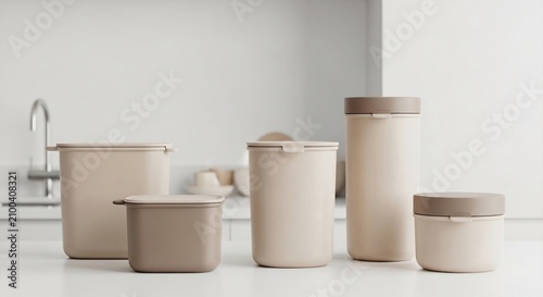 Modern kitchen storage containers in a neutral beige color set, showcasing minimalist design and practical organization for home food preservation