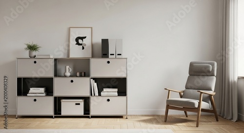 Modern interior design featuring modular storage shelves and a comfortable armchair in a light-filled room.