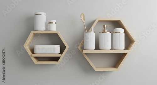 Modern Hexagonal Shelves Displaying White and Gold Bathroom Accessories with Wood Accents