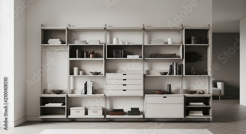 Modern Modular Shelving Unit with Drawers and Open Compartments