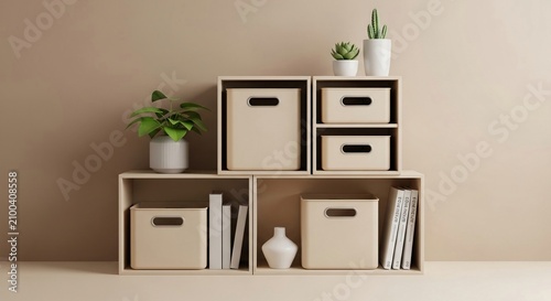 Modern Shelving Unit With Storage Boxes And Decorative Items In A Stylish Room