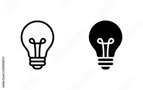 Light bulb icon set, creative idea symbol, black outline and solid vector lightbulb graphics