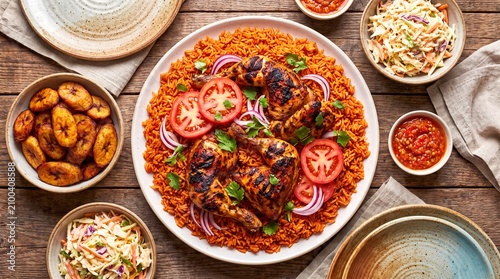 West African Jollof Rice Served with Grilled Chicken Leg Quarters and Fried Plantains on Wooden Table