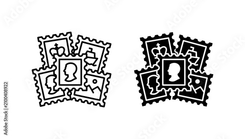 Vintage postage stamp icons, philately collection vector, black and white mail stamps set for postal design