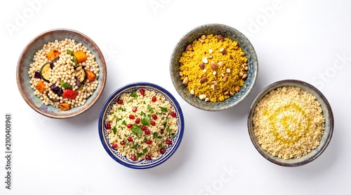 Four distinct varieties of flavorful couscous served in beautiful artisan bowls on a clean white background