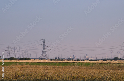 high voltage power lines with a gas fired power station
