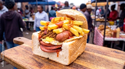 A delicious South African Kota street food sandwich filled with fries, sausage, and egg on a board