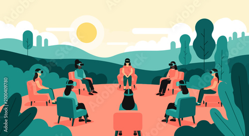 People wearing virtual reality headsets in a stylized outdoor setting, engaging in a metaverse social gathering or collaborative meeting.