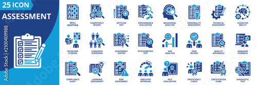 assessment icon set contains skill mapping, competency review, aptitude test, performance evaluation, behavioral analysis, cognitive ability, interview scoring, candidate screening, psychometric test