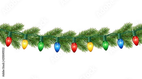 Christmas lights strung along green pine needles, festive holiday decoration garland