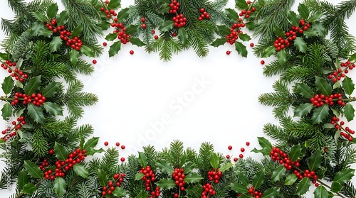 Christmas wreath frame of green pine branches and red holly berries on white border