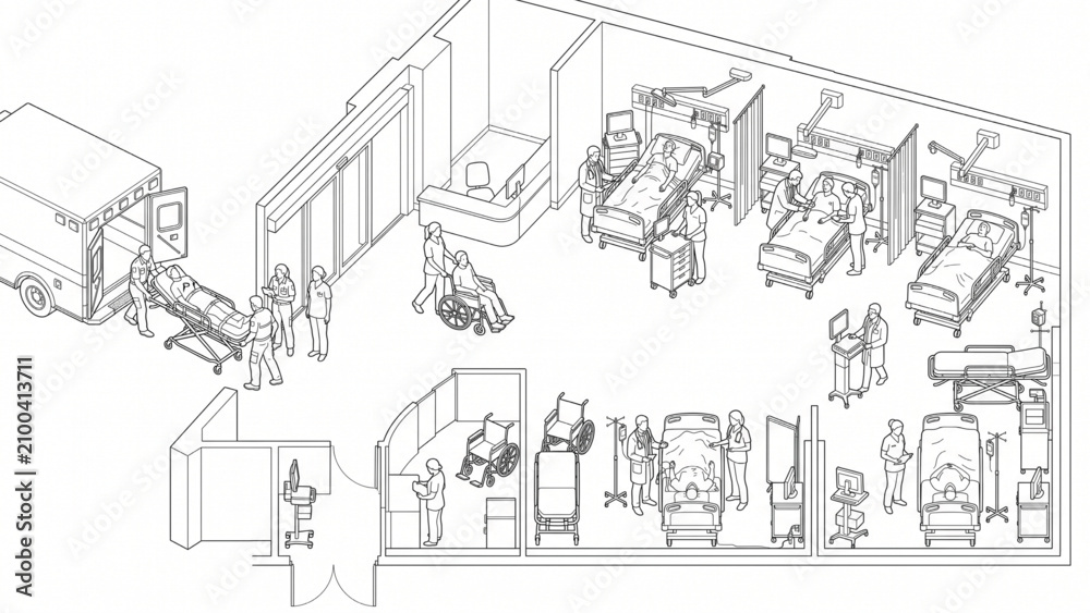 Fototapeta premium Architectural CAD Human Scale Emergency Medical Workflow with Emergency Beds, Ambulance Interaction, Technical Entourage and Healthcare Silhouette Vector