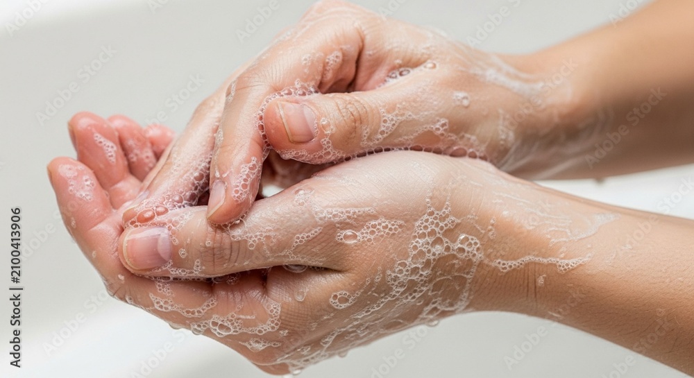Fototapeta premium Close-up of hands washing with soap and water, creating rich foam and bubbles.