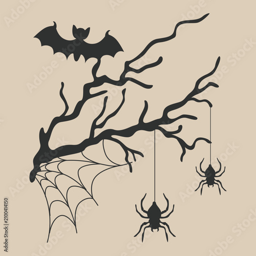 Hand-drawn Halloween black spooky silhouette composition with bat, spider web, dead tree branch and spiders for seasonal decor