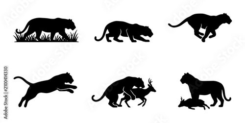 Принти на полотні Black Silhouette Big Cat Vector Icons: Hunting, Running, Prowling, Jumping, Pred