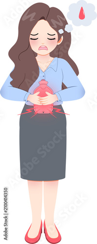 Obraz na plátně Woman experiencing stomach pain when period in office setting with thought bubbl
