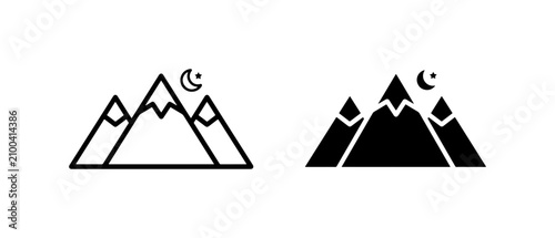 Mountain Icons, Night Sky Crescent Moon and Stars, Summit Peaks, Outdoor Adventure, Nature Landscape, Minimalist Geometric Shapes, Vector Graphics