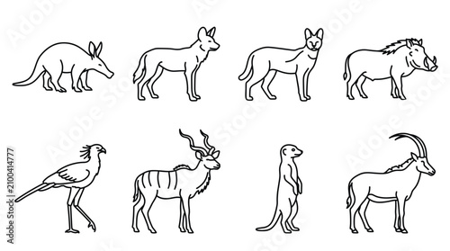 Photography A collection of eight black and white line depicting various african wildlife an
