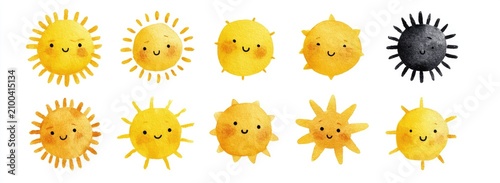 Ten cartoon suns, one dark, with happy faces and varying rays