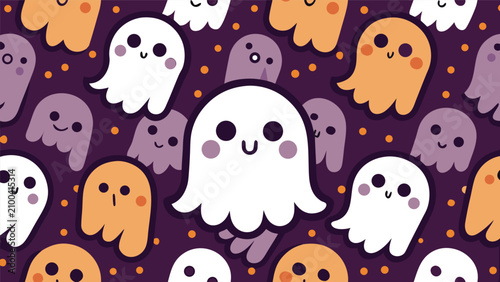 Seamless halloween pattern with cute ghosts and polka dots halloween seamless seasonal celebration background wallpaper decorative wrapping illustration friendly whimsical creative