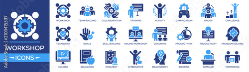 Workshop icon collection set. Containing design Workshop, Team Building, Collaboration, Training, Activity. Solid icon collection.