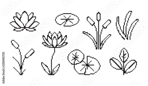 Obraz na płótnie Pixel art aquatic plants, lotus, cattail, and water lily outline icons