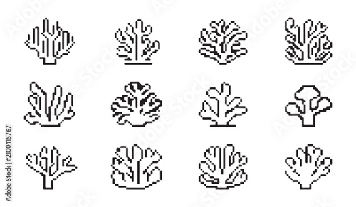 Foto Pixel art assortment of detailed underwater coral reef plant shapes and varieties