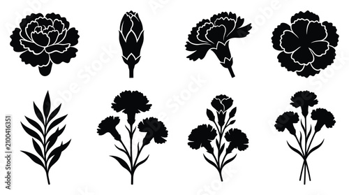 Canvas Print Set of eight black silhouettes featuring carnation flowers, buds, and leafy stem