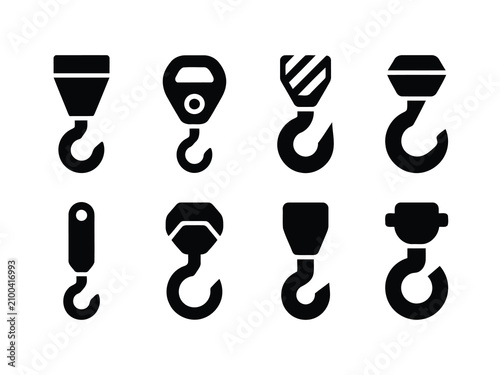 Set of various industrial hook and pulley system icons for lifting equipment  construction tools
