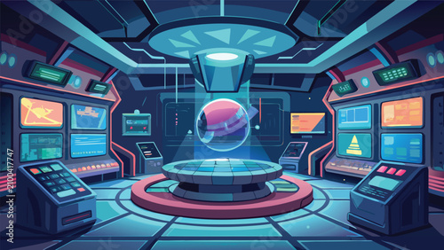 Futuristic control room with central holographic planet display hologram technology futuristic interface advanced innovation research computing intelligence projection exploration abstract