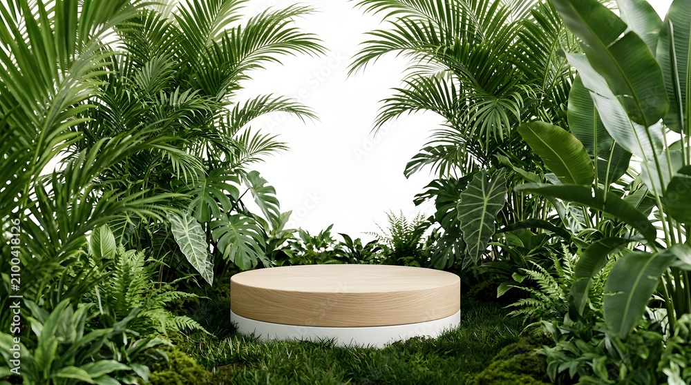 Fototapeta premium Minimalist Wooden Podium in Lush Tropical Garden with Green Palm and Monstera Leaves on White Background for Product Presentation