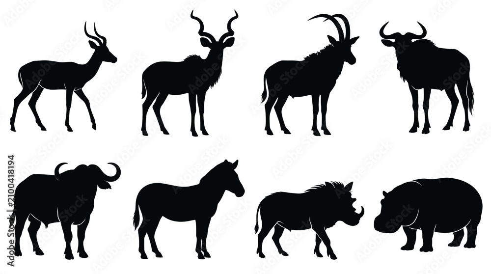 Obraz premium Set of eight black silhouettes of african wild animals, including antelope, wildebeest, buffalo, zebra, warthog, and hippopotamus, isolated on a white background, for wildlife projects